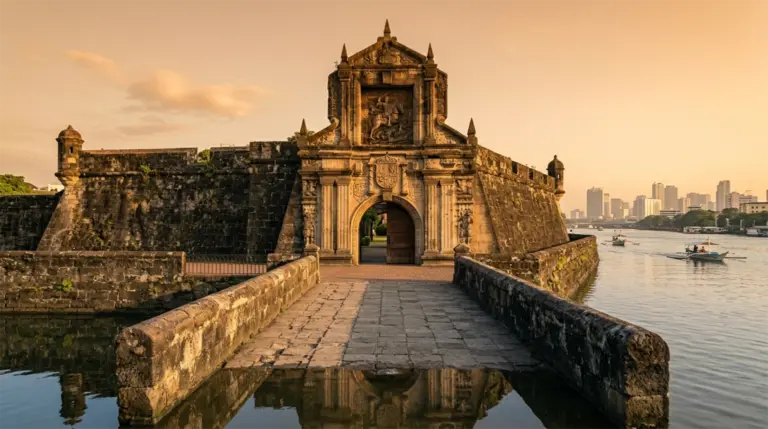 Fort Santiago main gate stone arch and bridge over moat Intramuros Manila Philippines