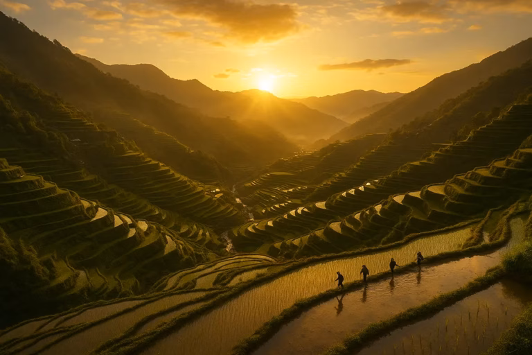 Banaue Rice Terraces aerial sunrise view in Luzon, Philippines.