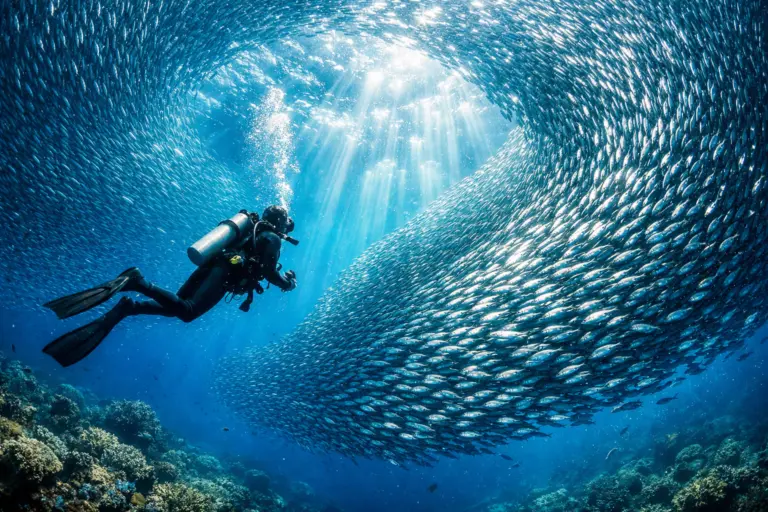 Massive sardine bait ball underwater at Moalboal, Cebu Island, Philippines, with diver for scale