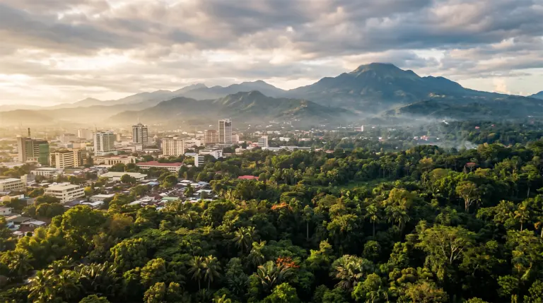 Aerial view of Davao City with the Mindanao forest in the background