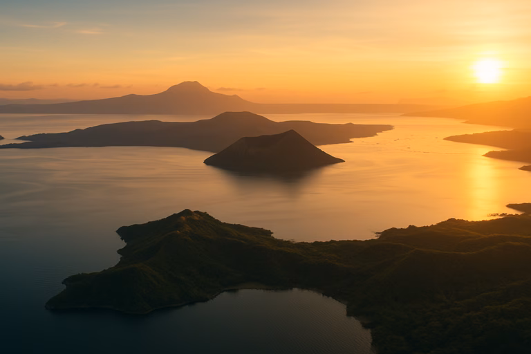 Aerial view of Lake Taal and Volcano Island at sunrise, Luzon, Philippines