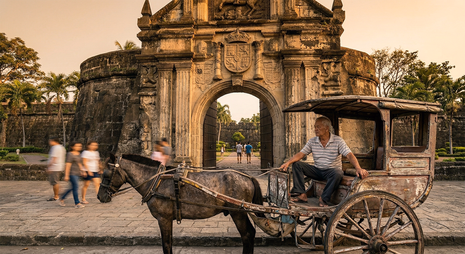 Stone gate entrance to Intramuros walled city Manila Philippines with kalesa in foreground