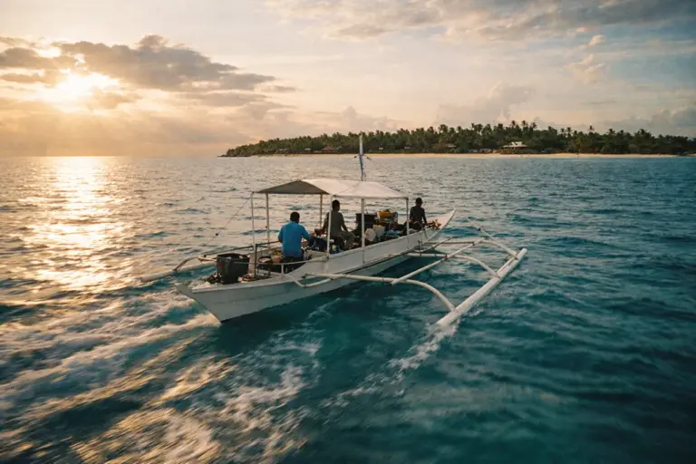 Traditional bangka boat traveling to Malapascua Island Philippines across turquoise Visayan Sea