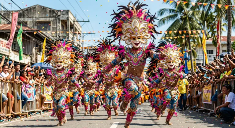 MassKara Festival street dancers smiling gold masks Bacolod City Negros Occidental Philippines