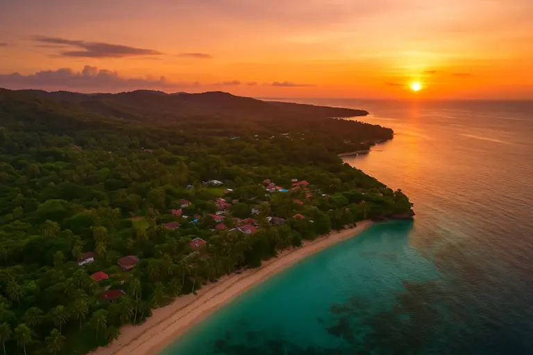 Aerial photo of Siquijor Island at sunset with turquoise waters and lush forest