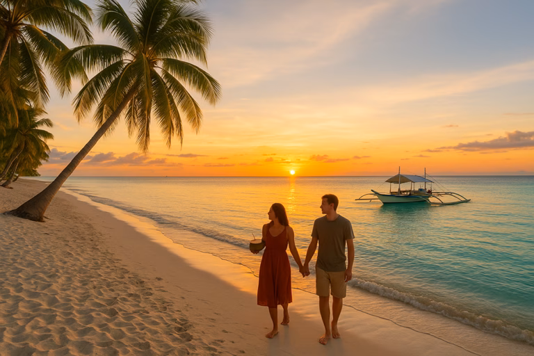Tourists walking along a Visayan beach at sunset with a coconut, palm trees, and banca boat in the background.